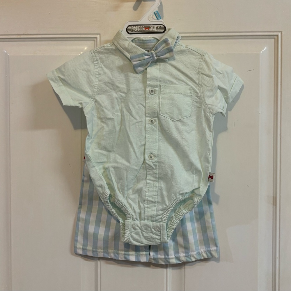 NWOT 6/9M Dapper Dude light Green/blue stripe 3-Piece Outfit.  Retail 36.00.